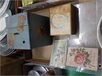 wooden bank, child's box, 2 postcards