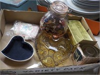 amber glass, container of buttons, etc.