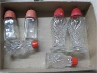 3 sets glass salt and peppers, plastic tops