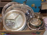 qty of silverplate and metal serving dishes