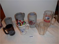 Collection of stoneware Beer tankards, glass beer