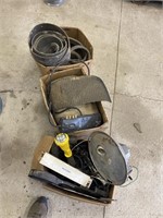 3 boxes of old belts, lights and electric plug