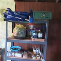 METAL SHELF & CONTENTS-CAMP STOVE, BATTERY CHARGER
