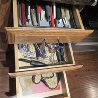 CONTENTS OF 3 DRAWERS- OVEN MITS, UTENSILS,