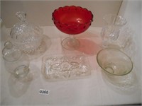 Vtg Red glass compote bowl, clear glass lidded