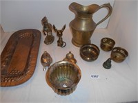 Assort brass pieces, metal painted tray, frog tea