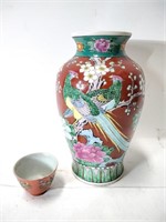 Hand Painted Asian Pottery Vase & Sake Cup