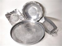 Vintage Hammered Aluminum Serving Tray, Bowl