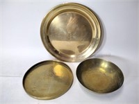 Vtg Engraved Asian Brass Bowl, Platter & Tray