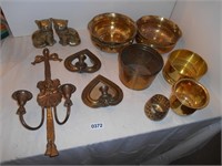 Brass lot, cat figurines, planters, wall sconces