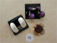 (2) Moon-Glo Clip Earrings, Amethyst Pin