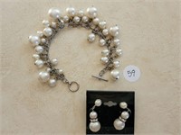 Cluster Pearl Bracelet, Pearl, Rhinestone earrings