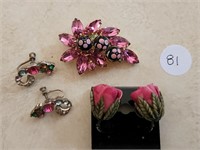 Pink Rhinestone Pin, (2) Screwback Earrings