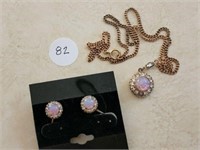 Opal & Rhinestone Necklace & Screwback Earrings