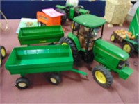 Vintage metal JD tractor & 2 trailers