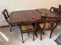 Duncan Phyfe Table, 4 Music Back Chairs