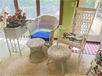 White Wicker Chairs, End Table, Planter