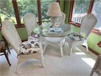 Glass Top Wicker Table, Chairs, Lamp