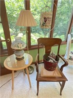 Electrified Oil Lamp, Bird Cage, Chair