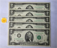 5- Uncirculated $2 Bills - Consecutive
