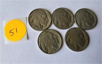 5- Indian Head Buffalo Nickels