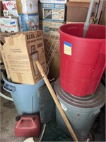 3 Trash Cans, Scrubbing Hose Wand, Gas Can