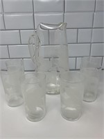 Vintage Etched Floral  Glass Pitcher with 6