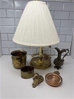 Brass Items- Desk lamp, lion, basket. Planter,