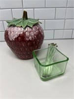 McCoy Strawberry Cookie Jar-damaged, Green Glass