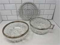 2 silver plate rimmed bowls, clear glass cake