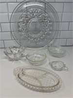 Large glass platter, crystal bowl, fish ashtray.