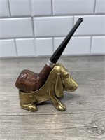 Brass Hound Dog pipe stand with vintage pipe