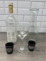 Biltmore wine bottle, Dickel shot glasses, wine