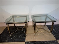 2 Vintage brass and glass end tables