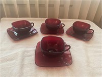 Vintage Ruby Red Saucers & Cups (4) Set