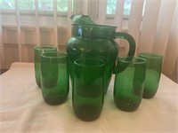 Vintage Enerald Green Pitcher w/5 glasses