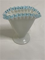 Fenton Milk Glass Blue Aqua Crest 4.5" Fan Vase