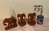Wood Elephant Bookends, Oil Lamp, Wood Elephant +
