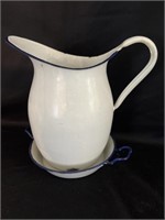 Vintage enamelware pitcher and under plate 8”