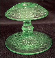Green Vaseline glass candle holder 4 1/2”