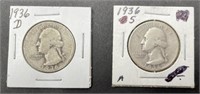 (QR) 1936 D and 1936 S silver Washington quarters