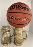 (M) Budweiser mugs and basketball 7 inches