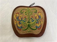 Apple shaped wood and cork painted wall hanging