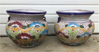Pair of Mexican Painted Terra Cotta Urns