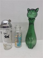 MCM Cat, Teal & Gold Jar w Cats & Barware