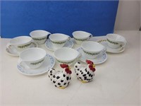 Mixed lot corell cups and saucers & rooster