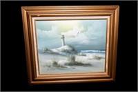 Framed Oil on Canvas Lighthouse Painting