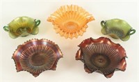Five Carnival Glass Stippled Rays Bowls
