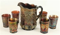 Grape & Cable Carnival Glass Pitcher & 6 Tumblers