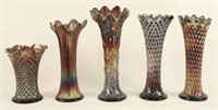 Five  Northwood Carnival Glass Vases
